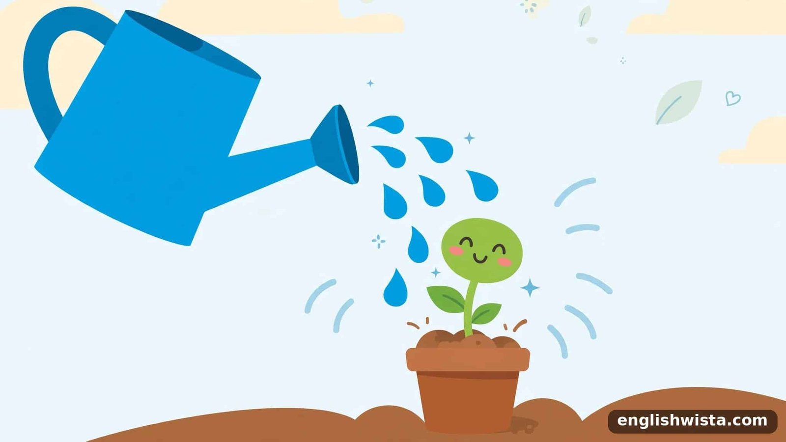 Seedling and watering can showing cause and effect