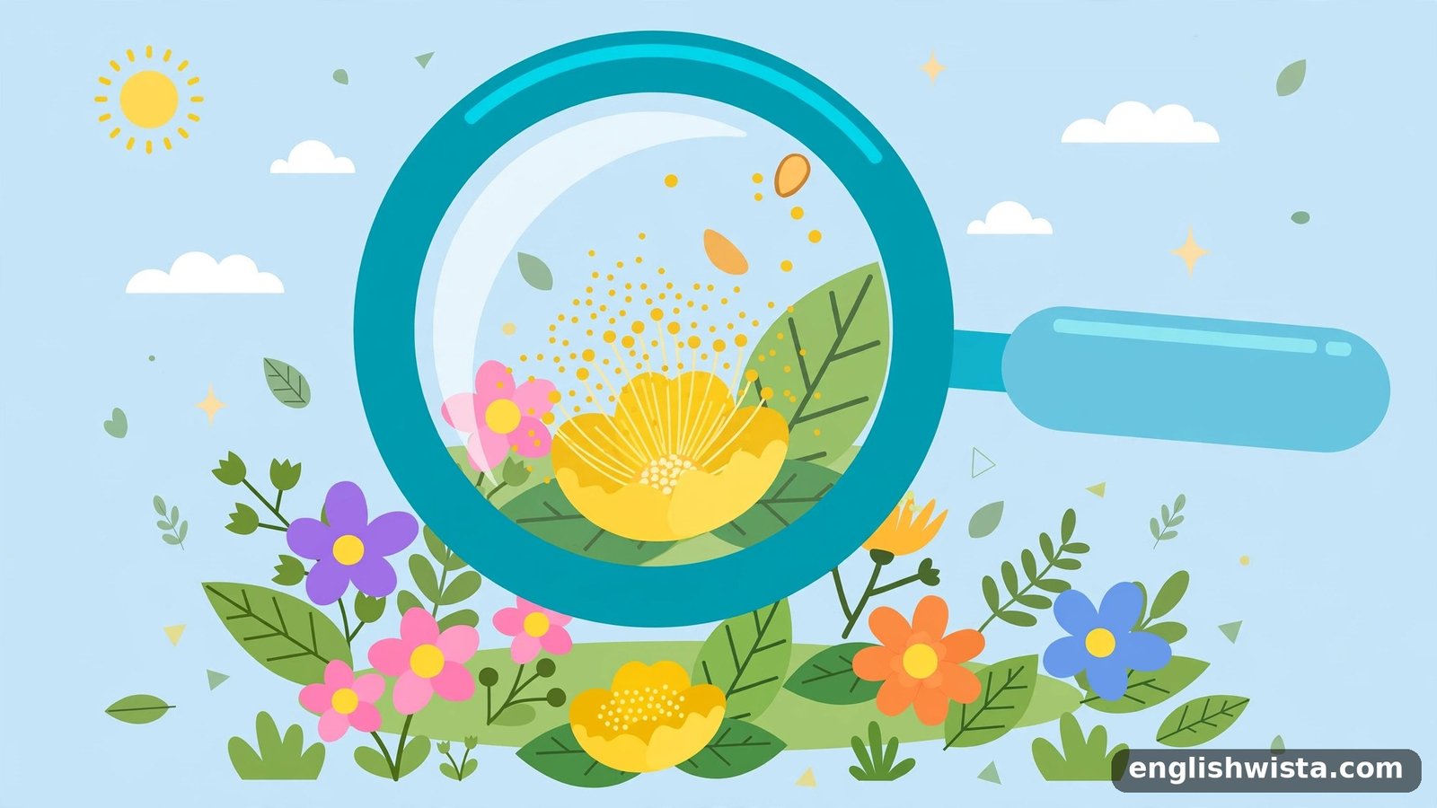 Magnifying glass over flowers illustrating an effect