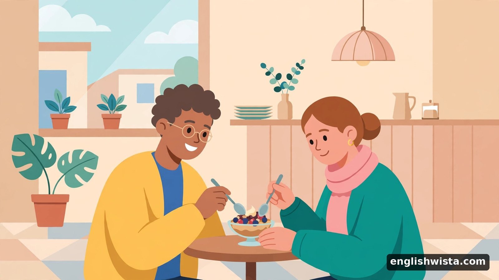 Couple sharing dessert at a cafe