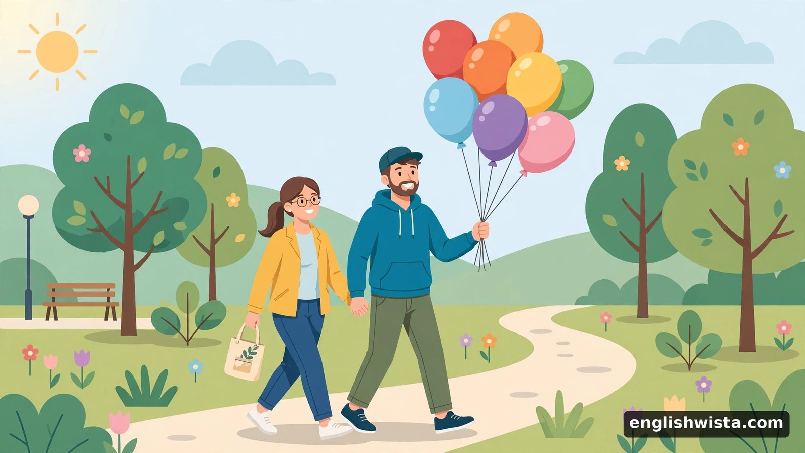 Couple walking in a park with balloons
