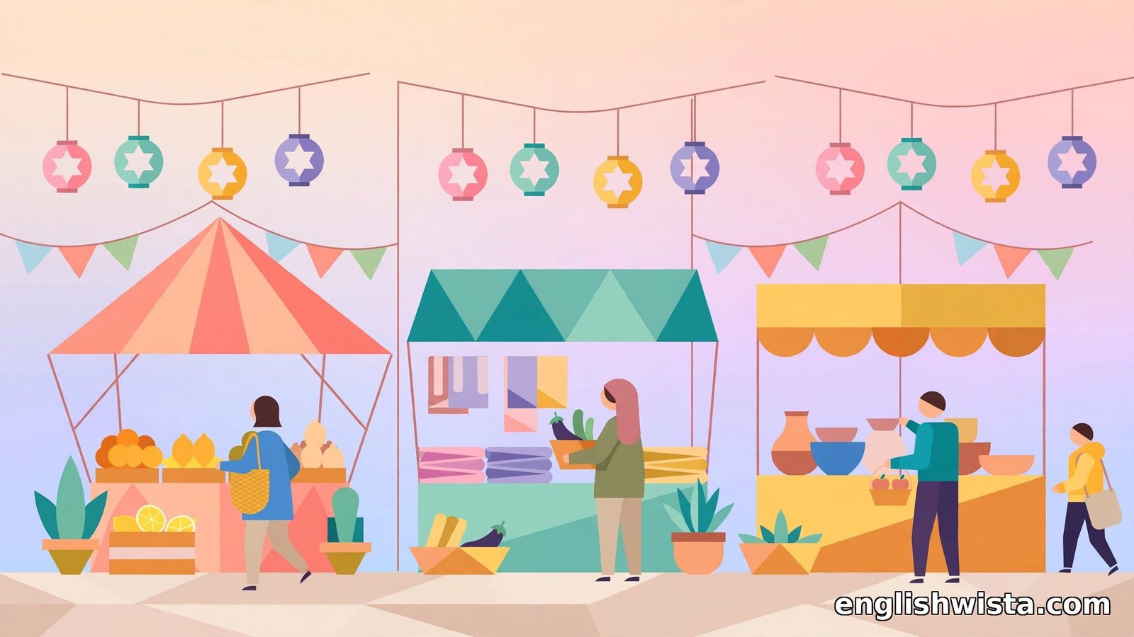Flat vector colorful bazaar market stalls with shoppers and hanging lanterns