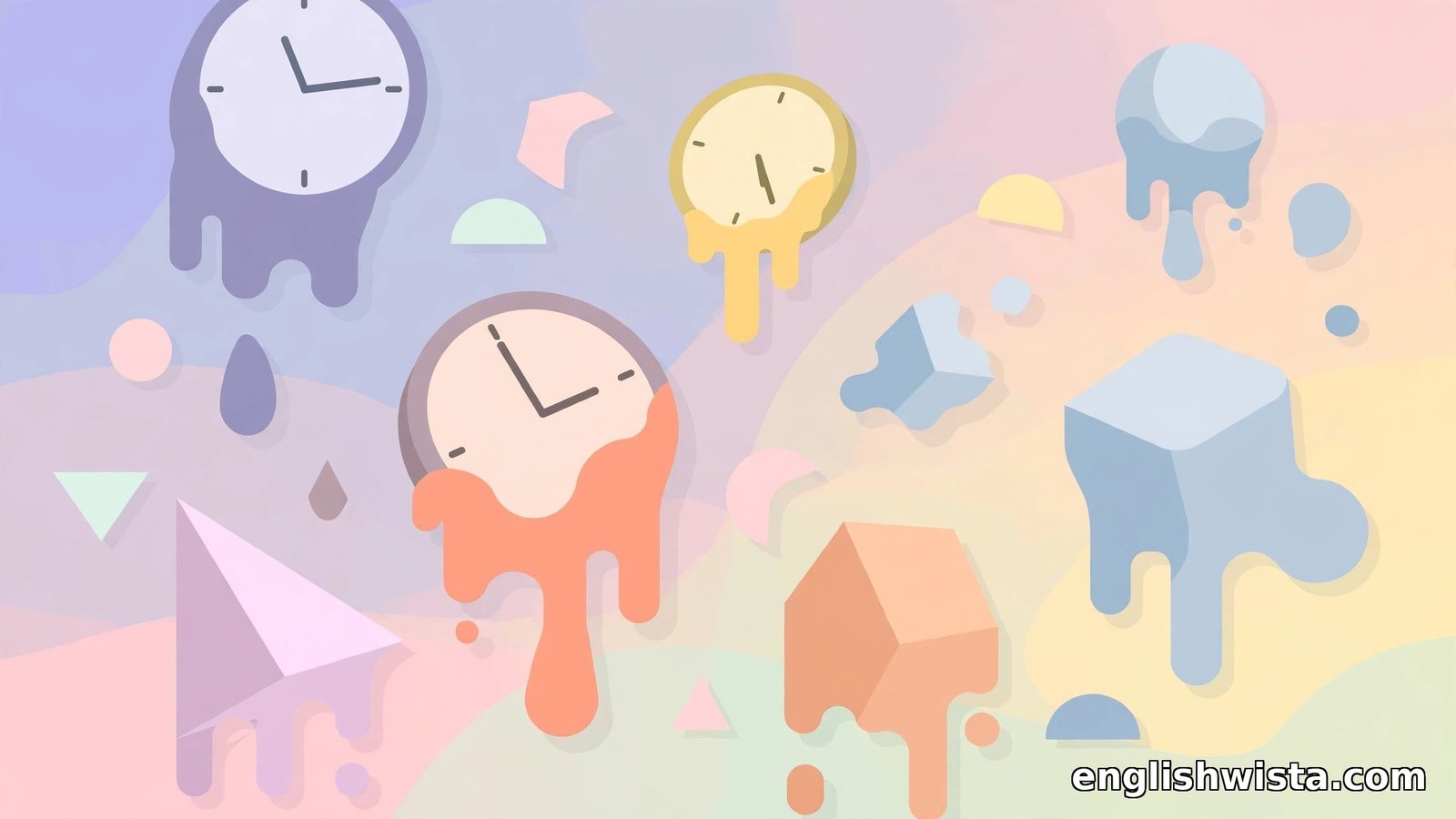 Flat vector surreal bizarre scene with floating clocks and melting shapes
