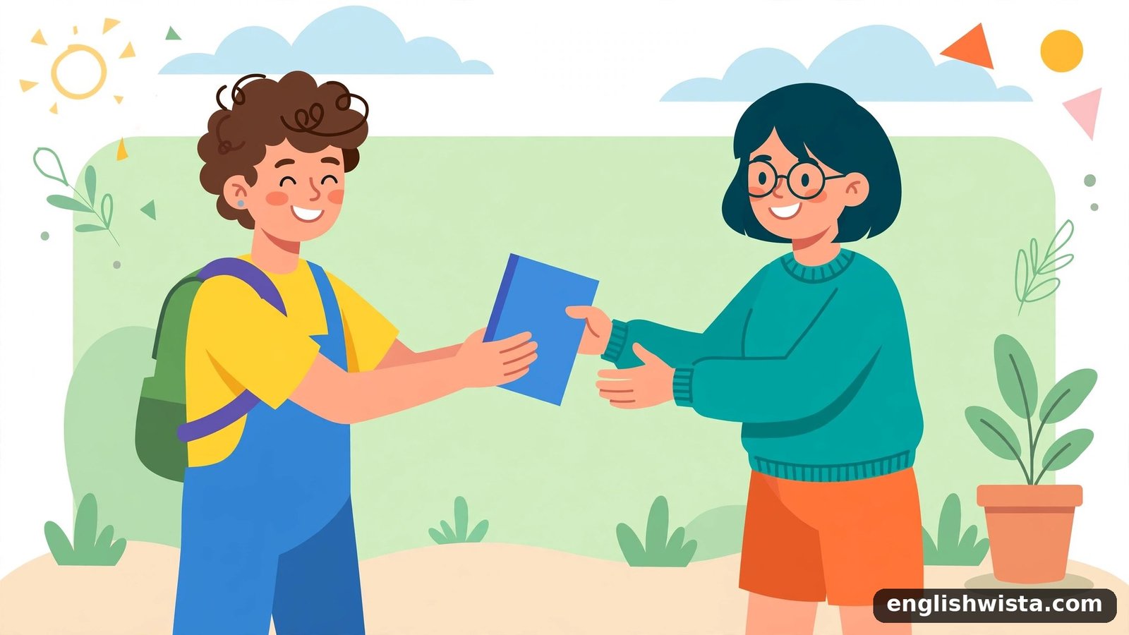 Friend lending a book to another friend