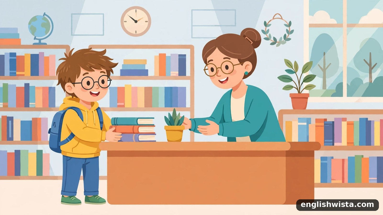 Student returning books at a library counter