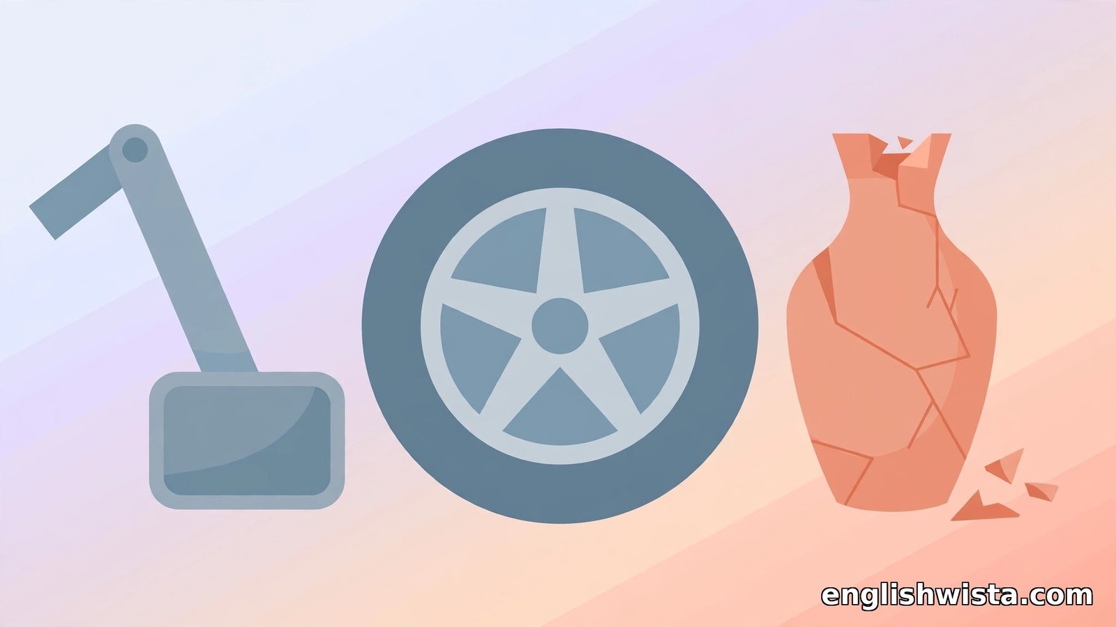 Flat vector car brake pedal and wheel beside a cracked broken vase