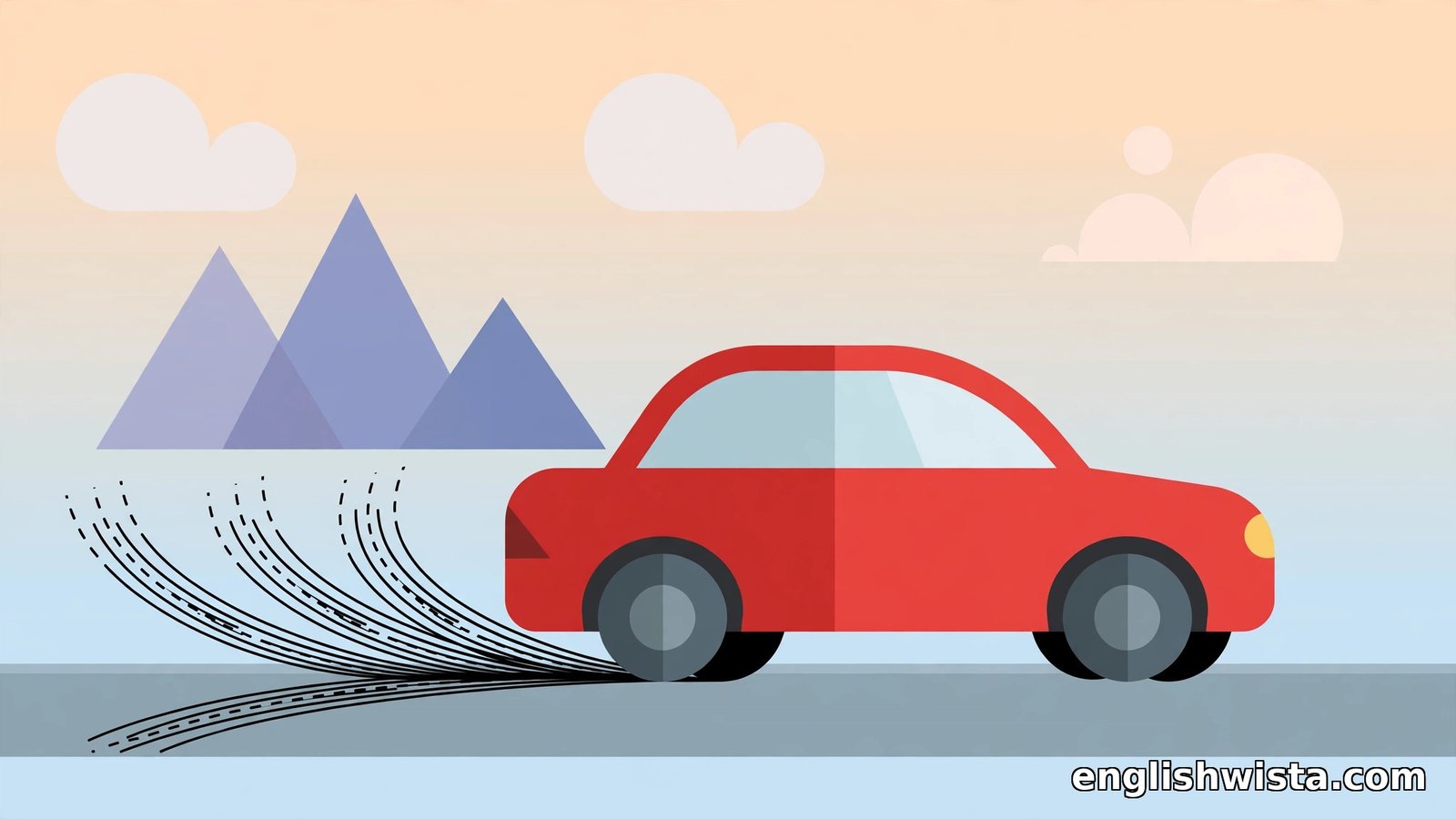 Flat vector red car braking with screech marks on the road