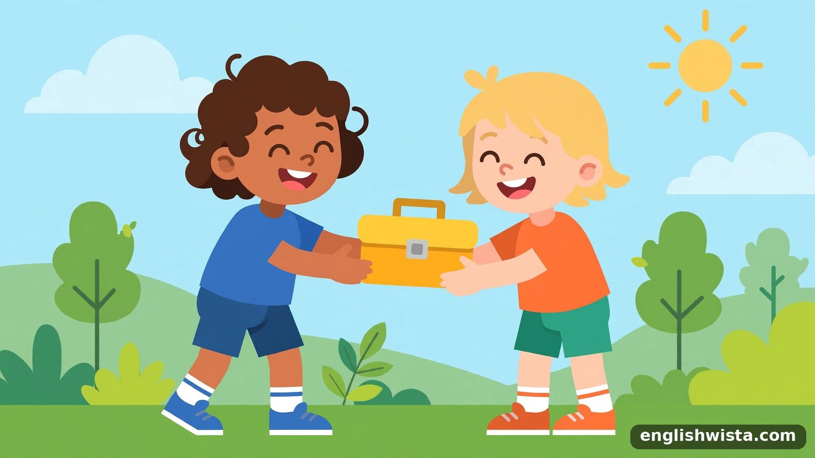 Two friends, one handing a lunchbox to the other