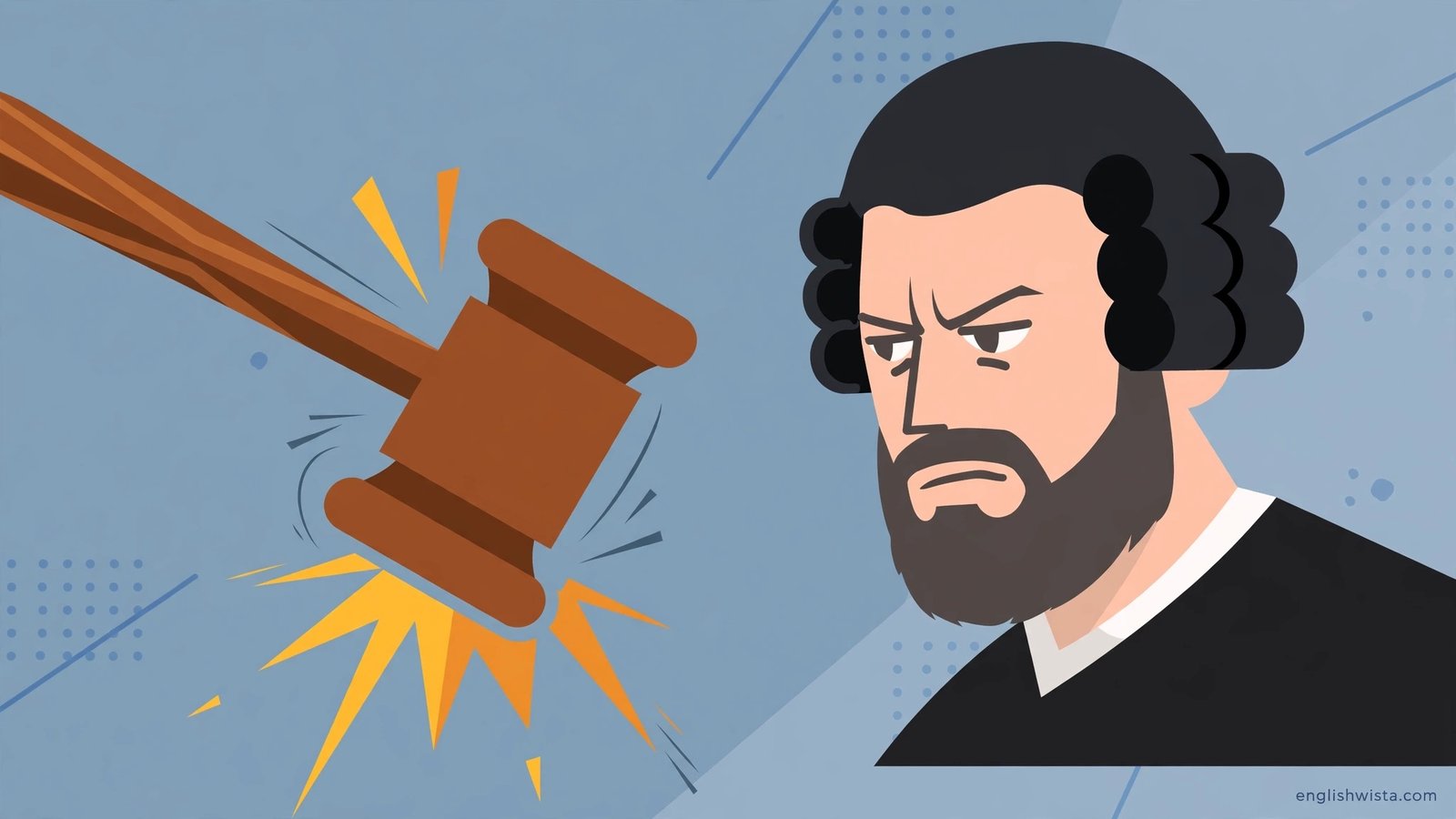 Judge's gavel striking beside a stern face