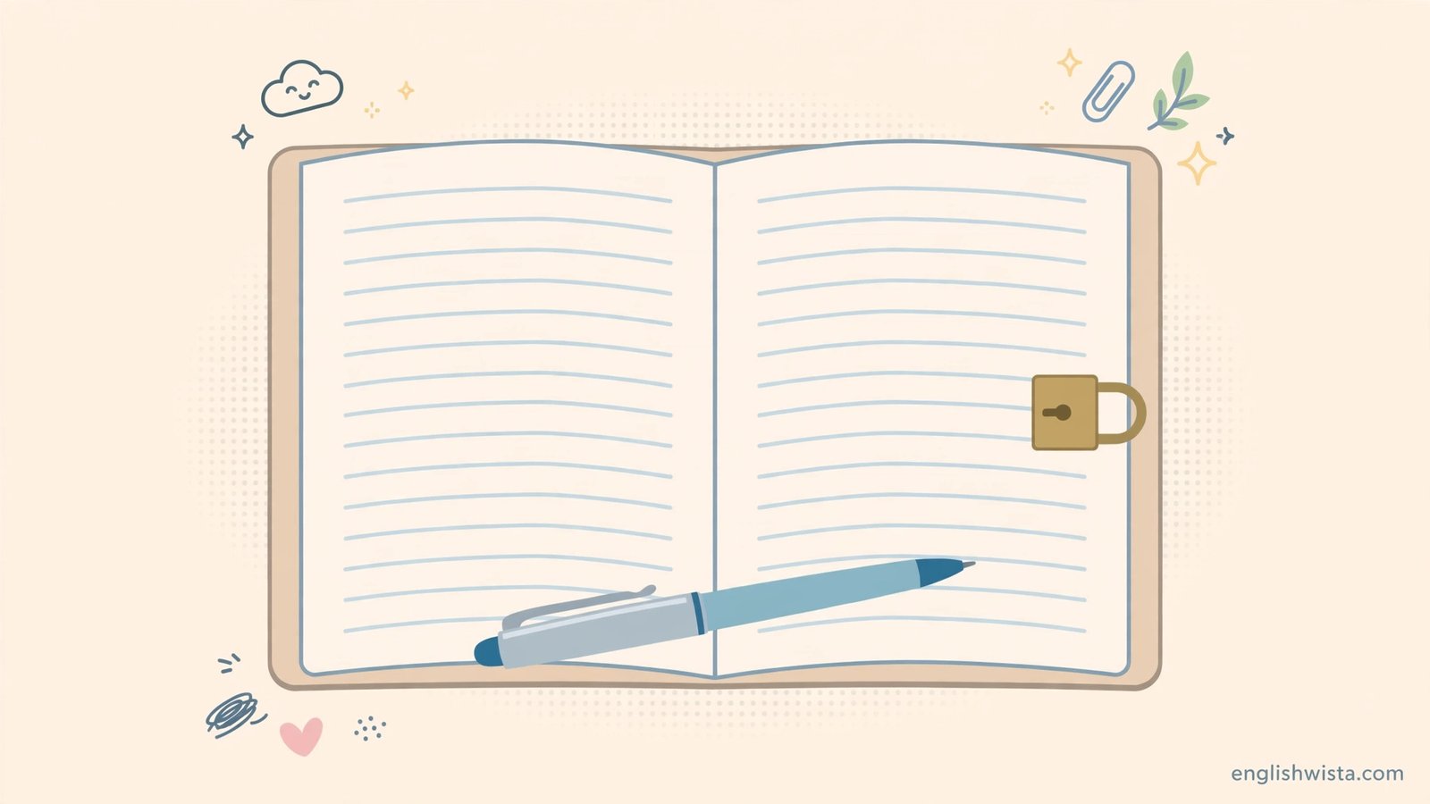 Open diary with a small lock and a pen