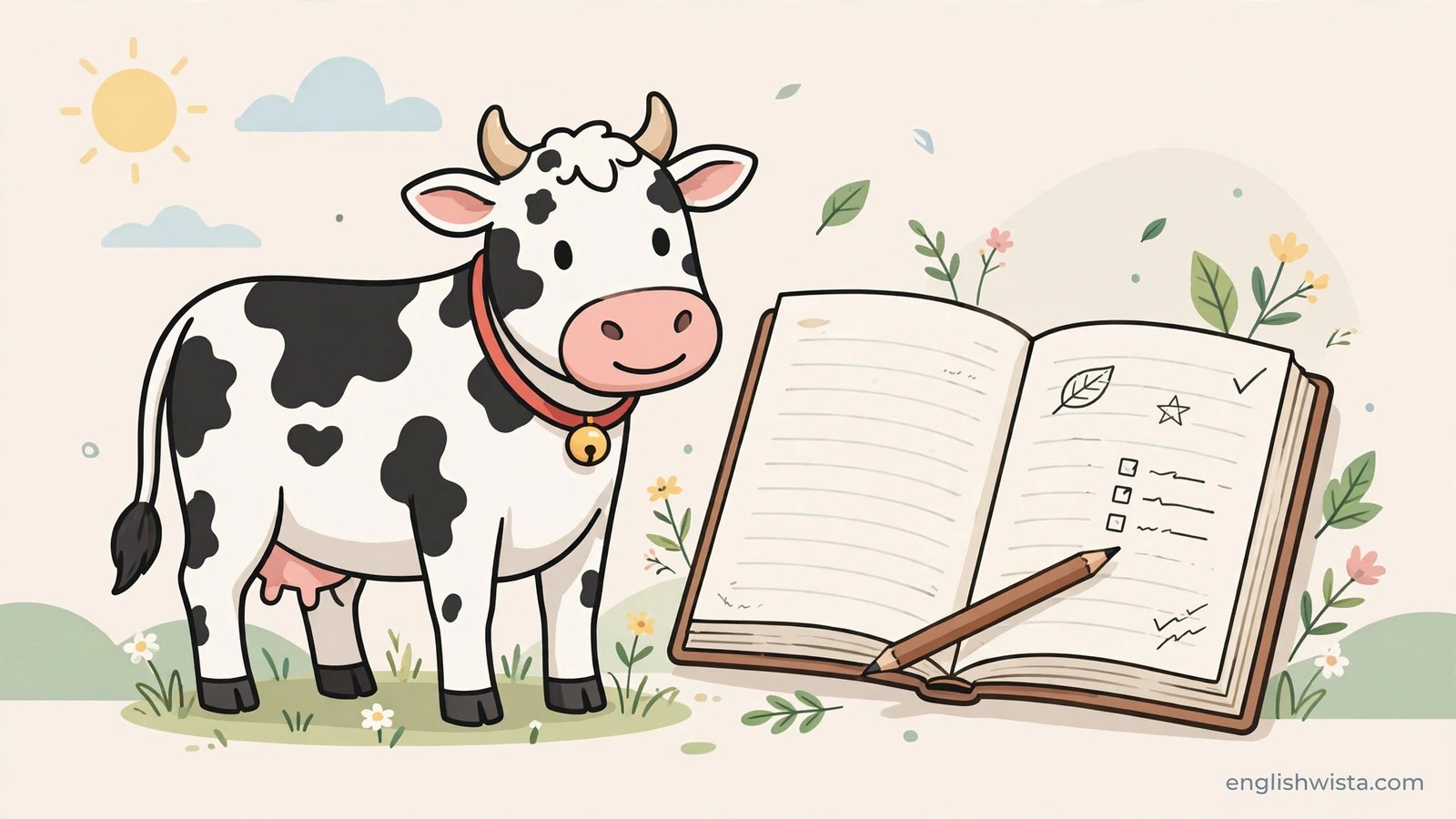 Dairy cow standing beside a journal book