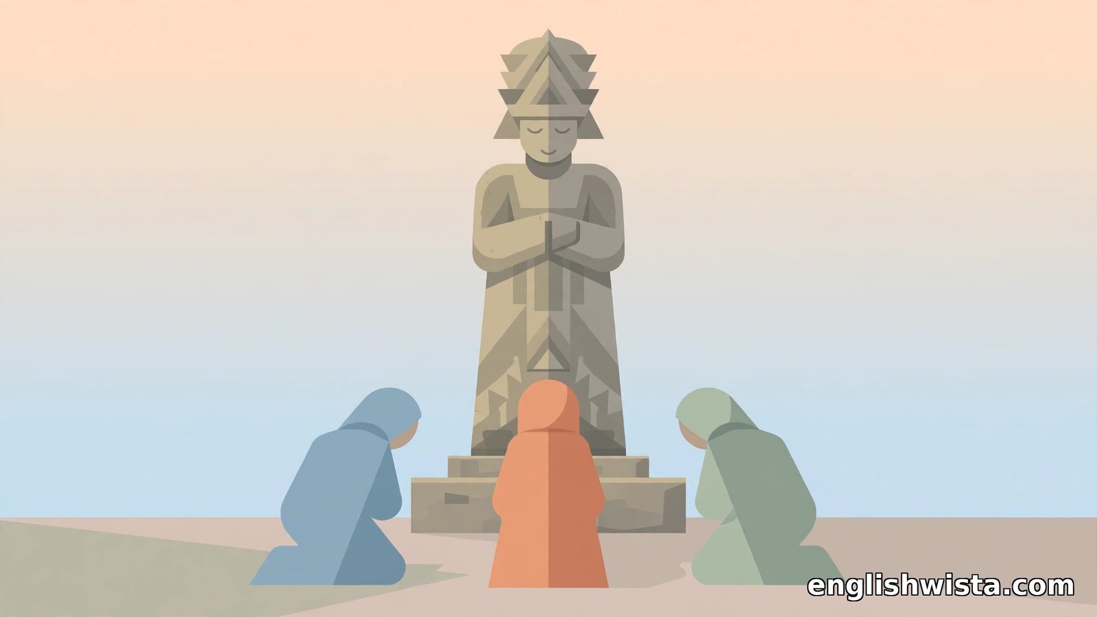 Flat vector ancient stone statue with kneeling worshippers bowing before it