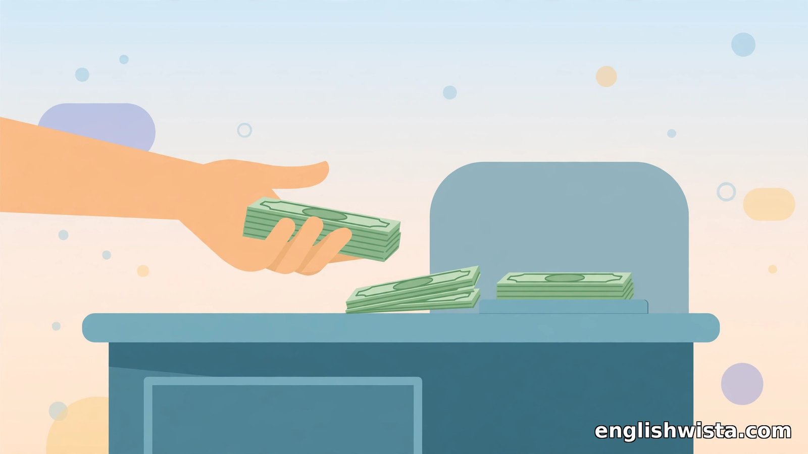 Flat vector hand paying out banknotes from a bank counter