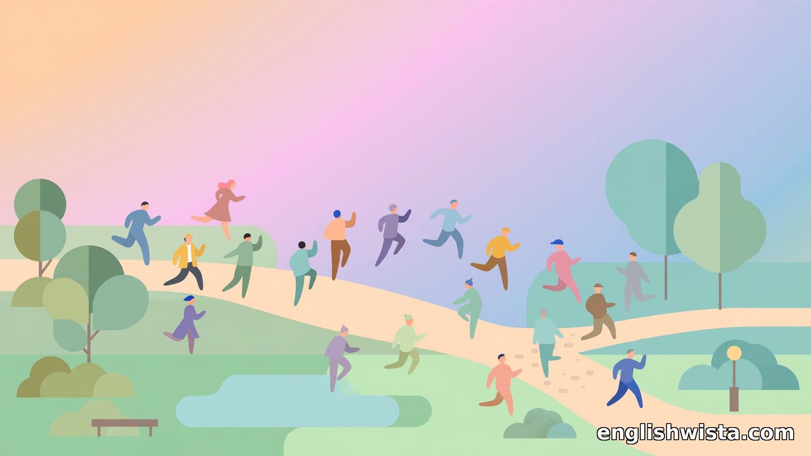 Flat vector crowd of people scattering in different directions in a park