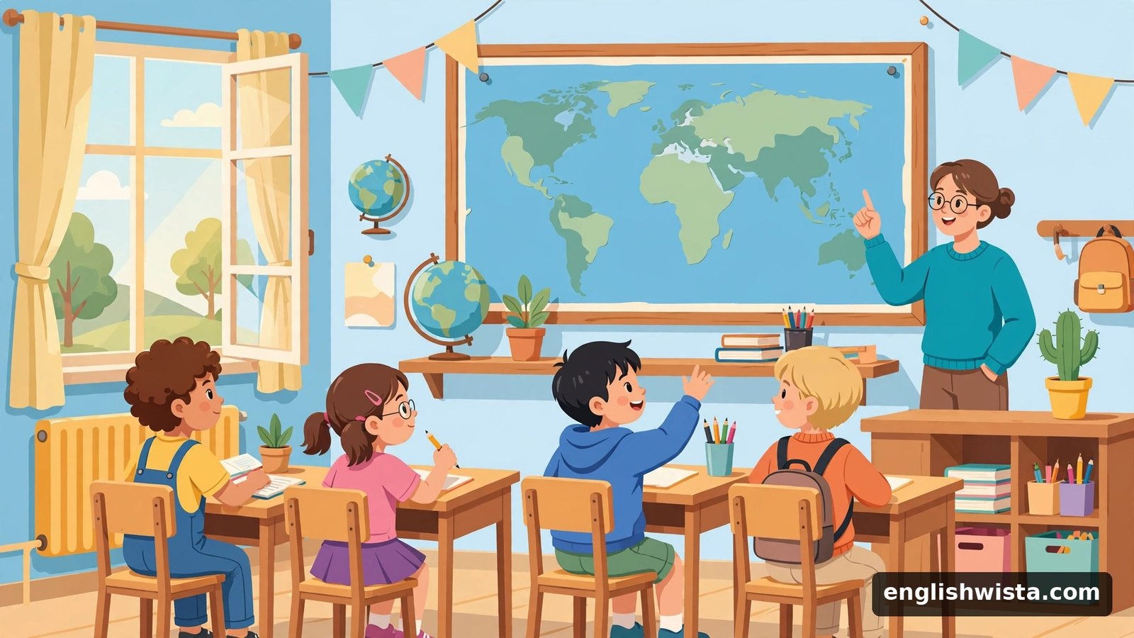 Classroom scene with world map learning emigrate vs immigrate