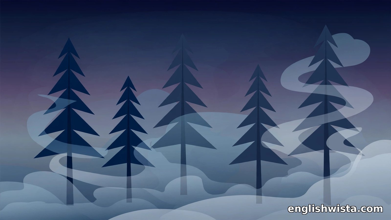 Flat vector dark fog wrapping around tall pine trees at night
