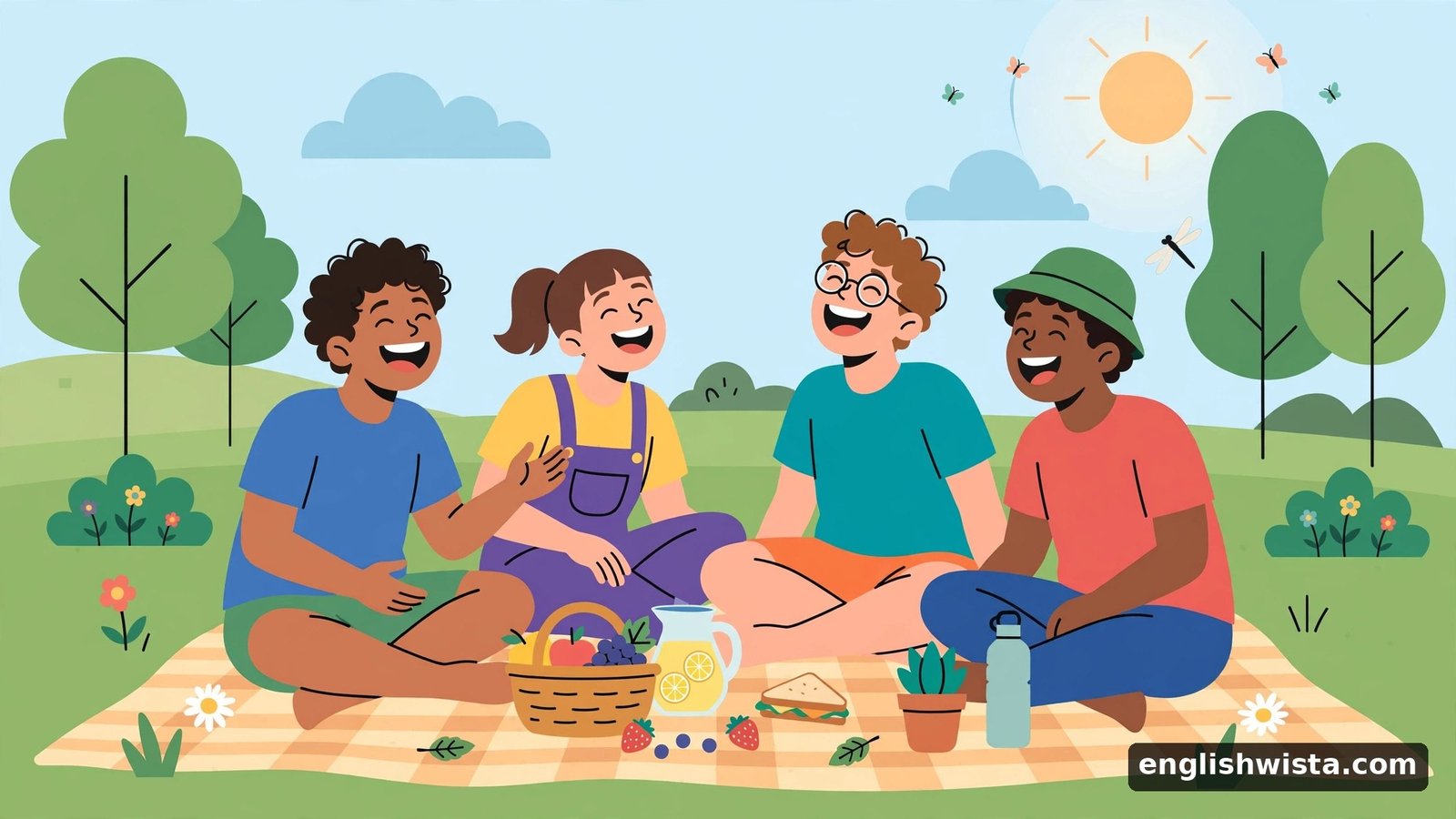 Friends laughing on a picnic blanket