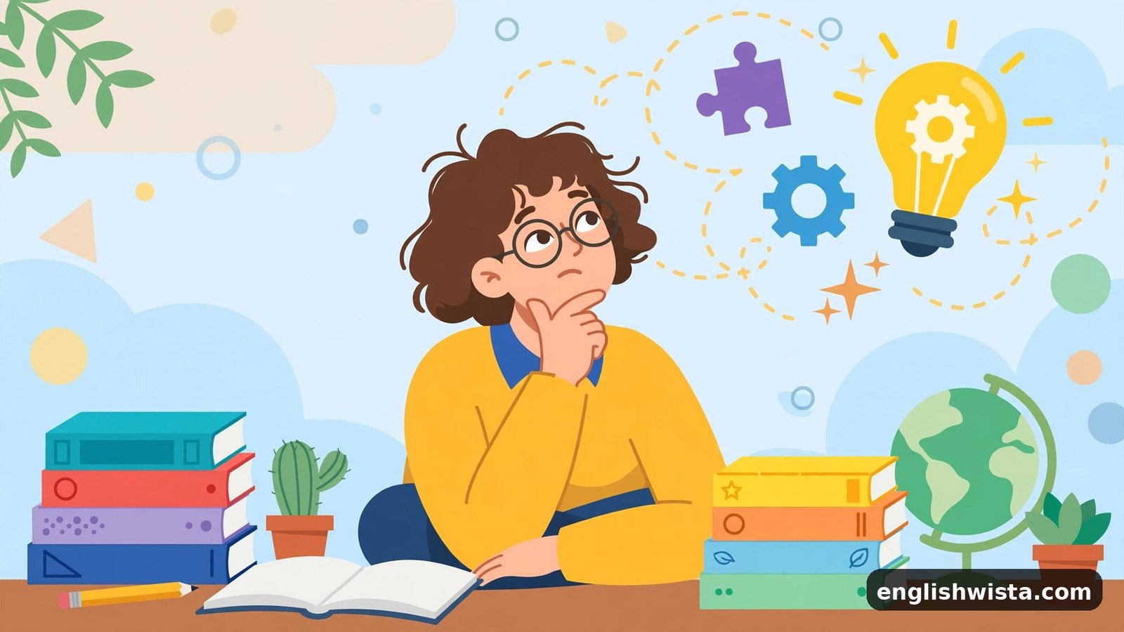 Person thinking deeply with books for further