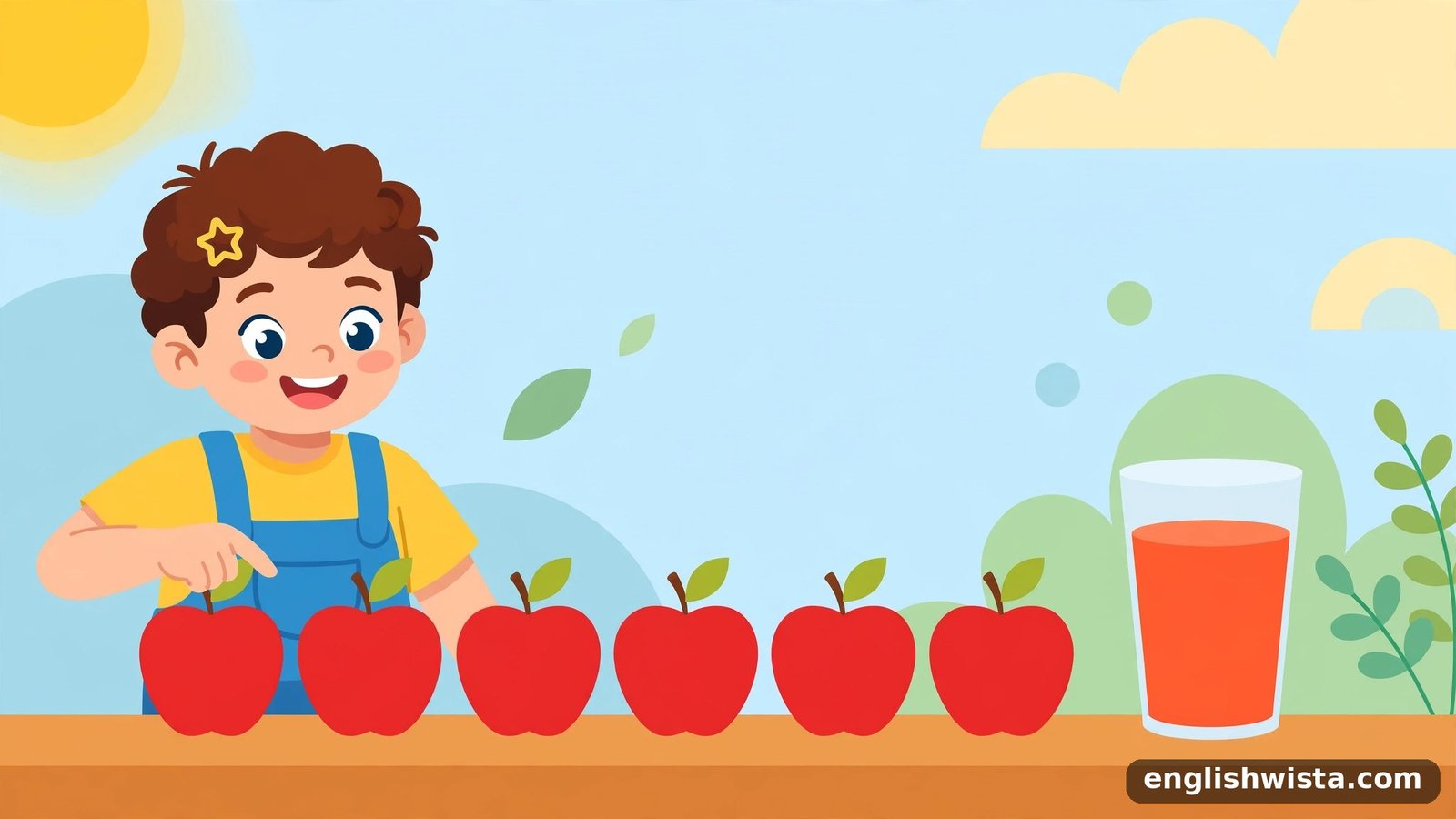 Child counting apples next to a glass of juice