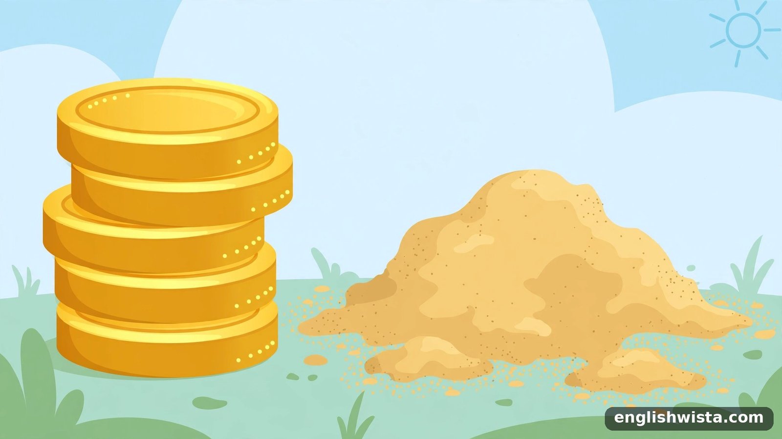Coins versus a sand pile showing countable and uncountable things
