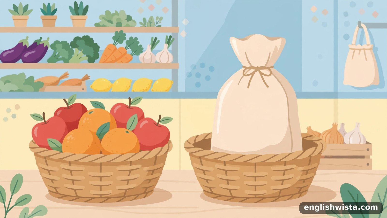 Grocery baskets with individual fruit and a bag of flour