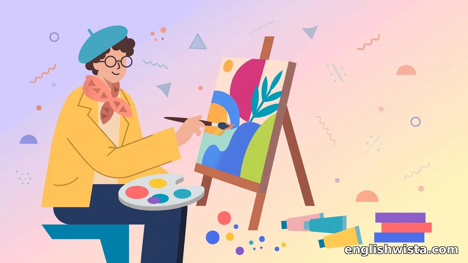 Flat vector artist painting a colorful canvas with stylish flair