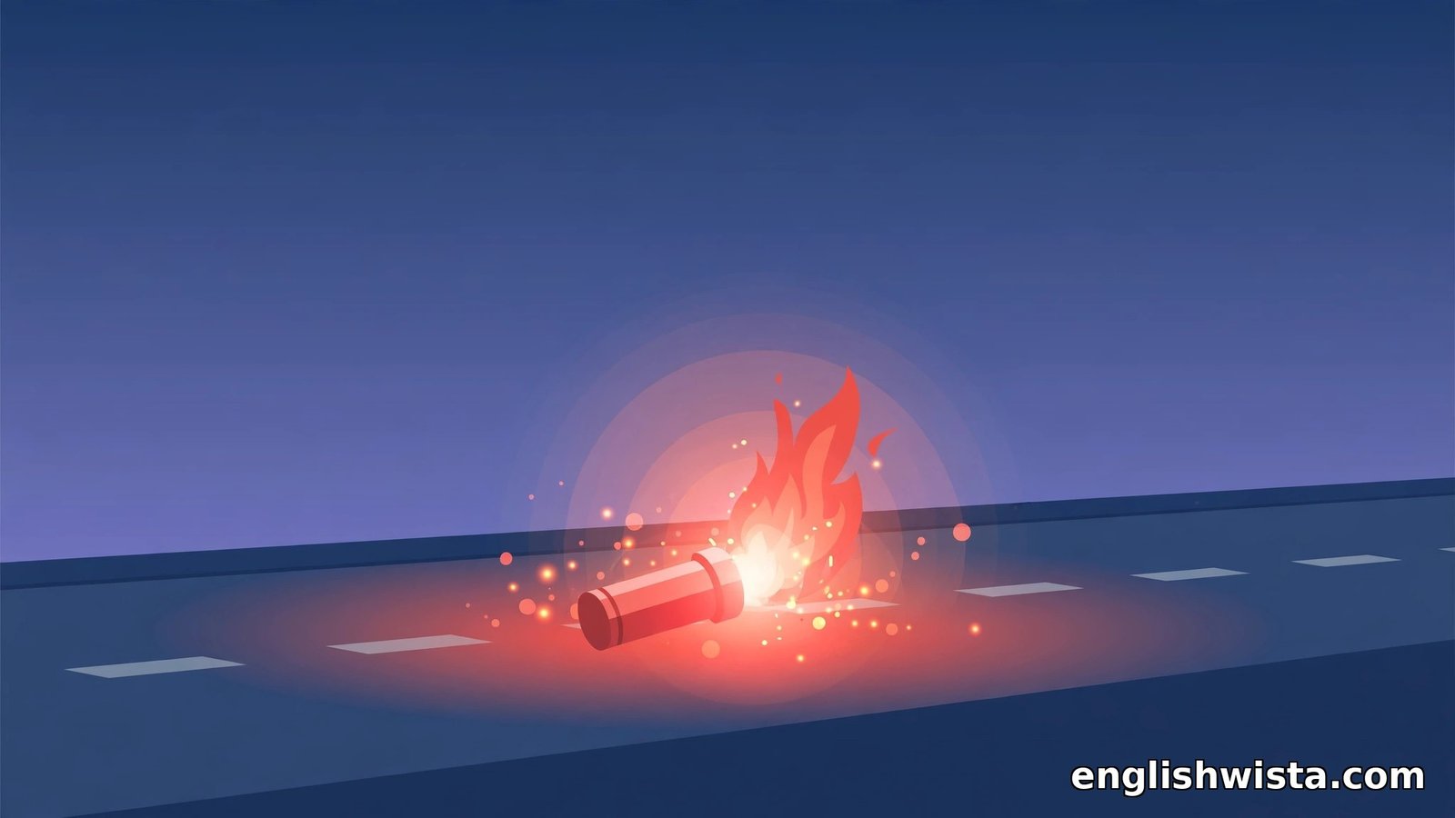 Flat vector emergency red flare glowing bright at night on a road