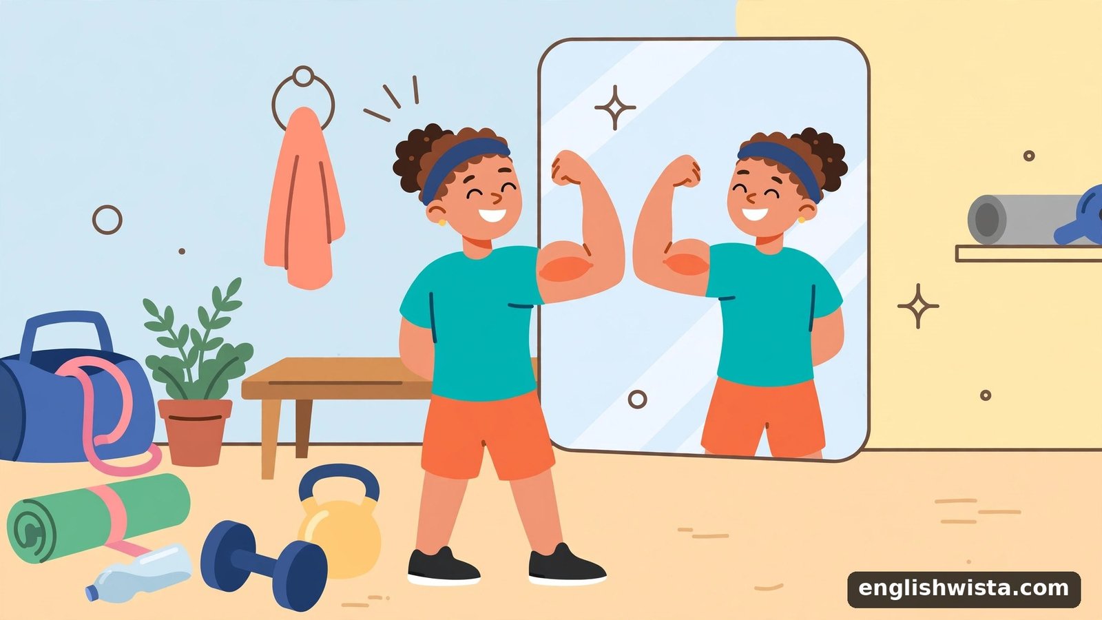 Person flexing muscles in a mirror