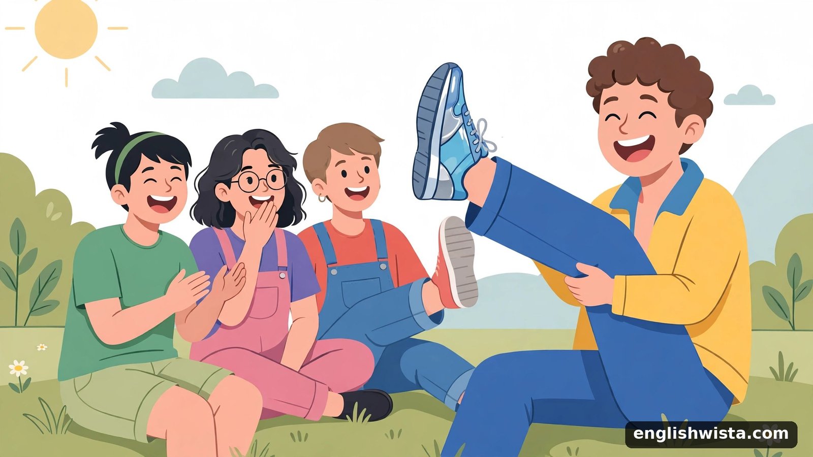 Friends laughing at new sneakers flex