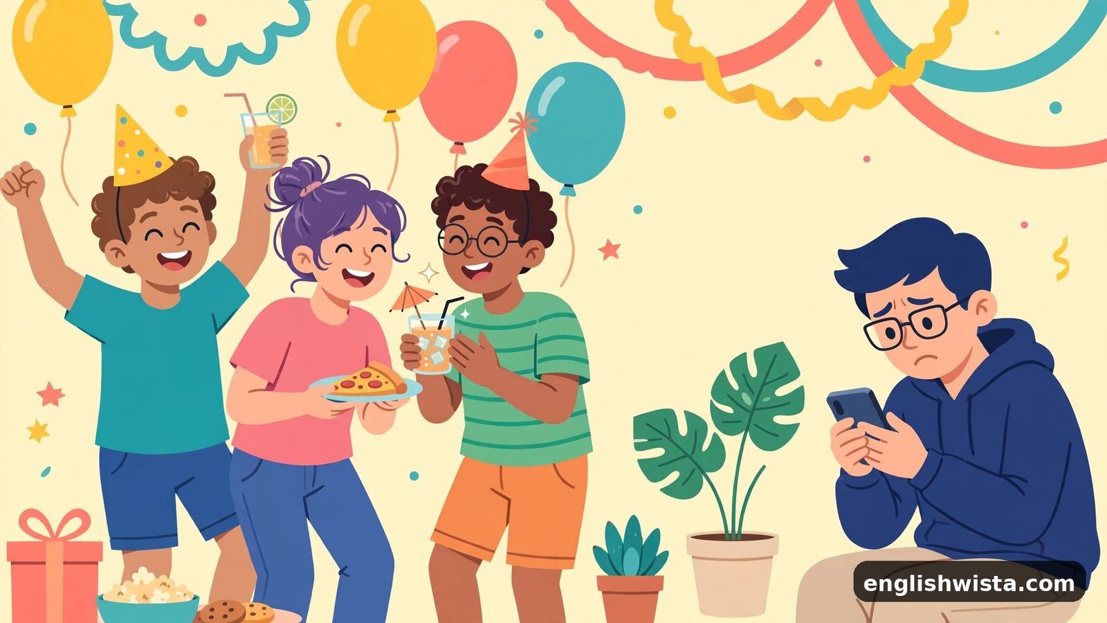 Friends at a party while one person checks phone