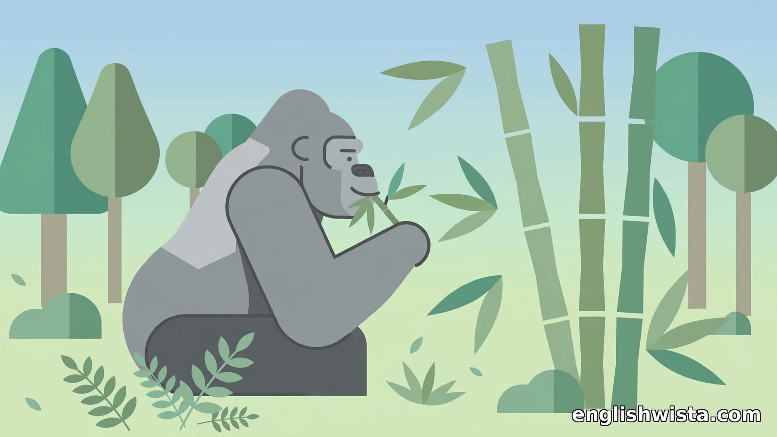 Flat vector silverback gorilla eating bamboo leaves in a forest