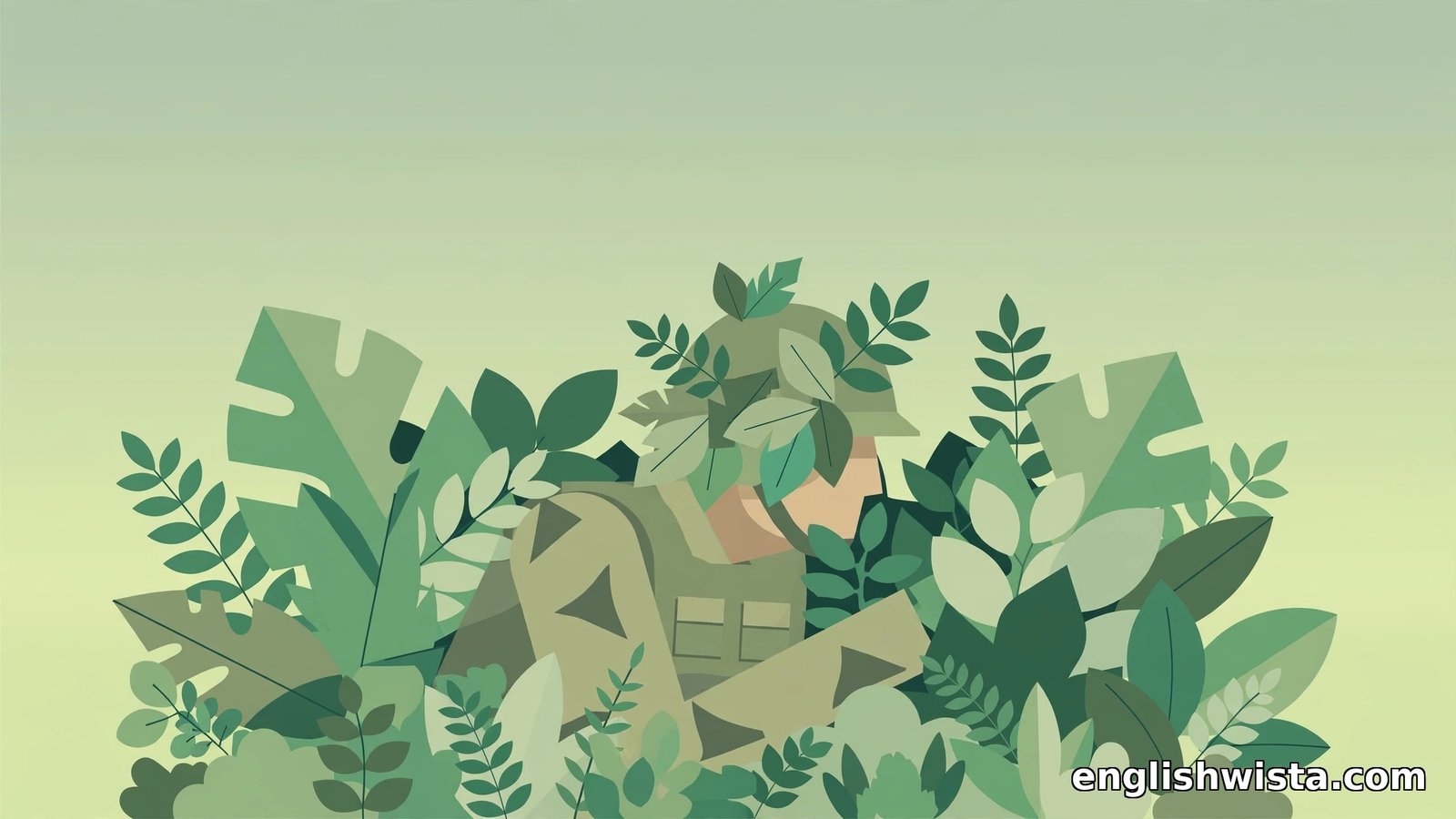 Flat vector soldier camouflaged with leaves hiding in a dense jungle