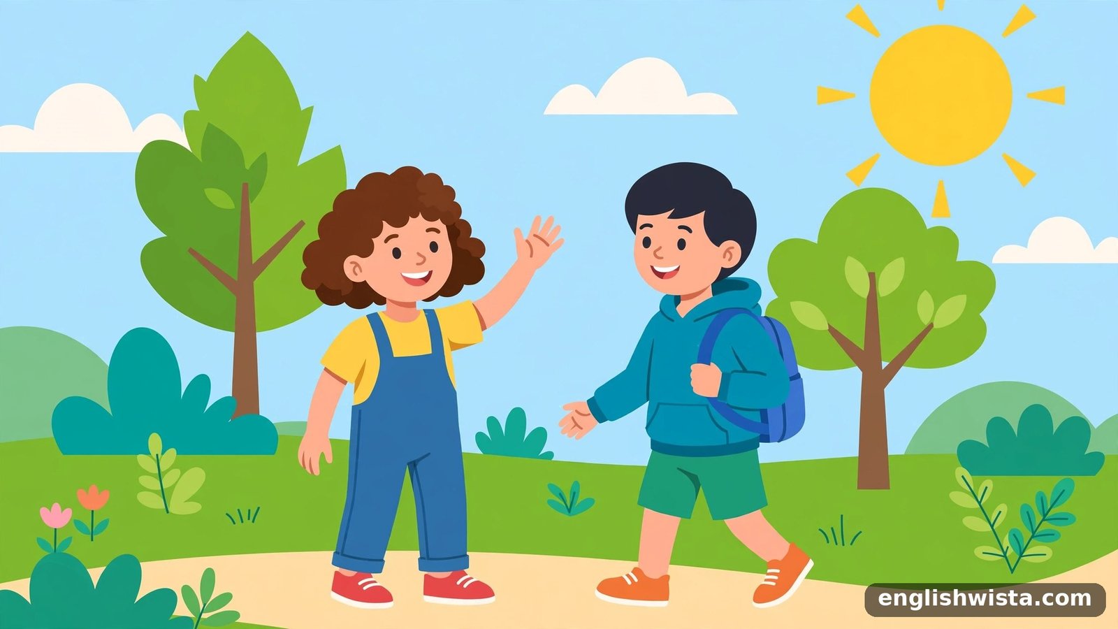 Two friends meeting in a park, one waving
