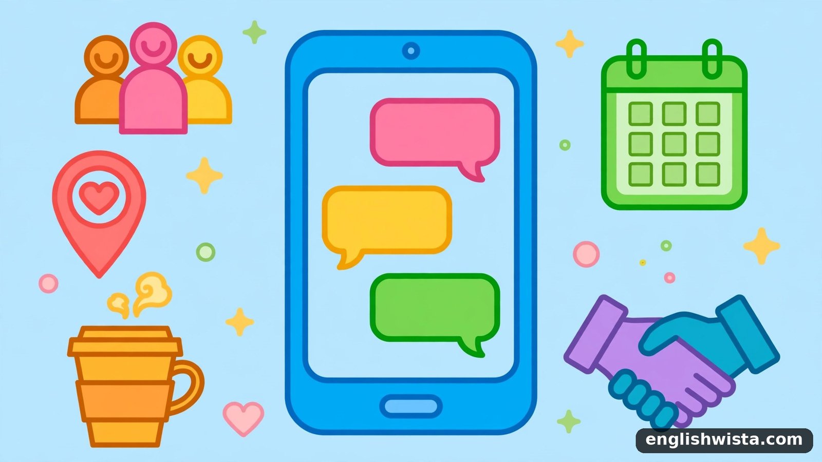 Phone with chat bubbles and friendly meetup symbols