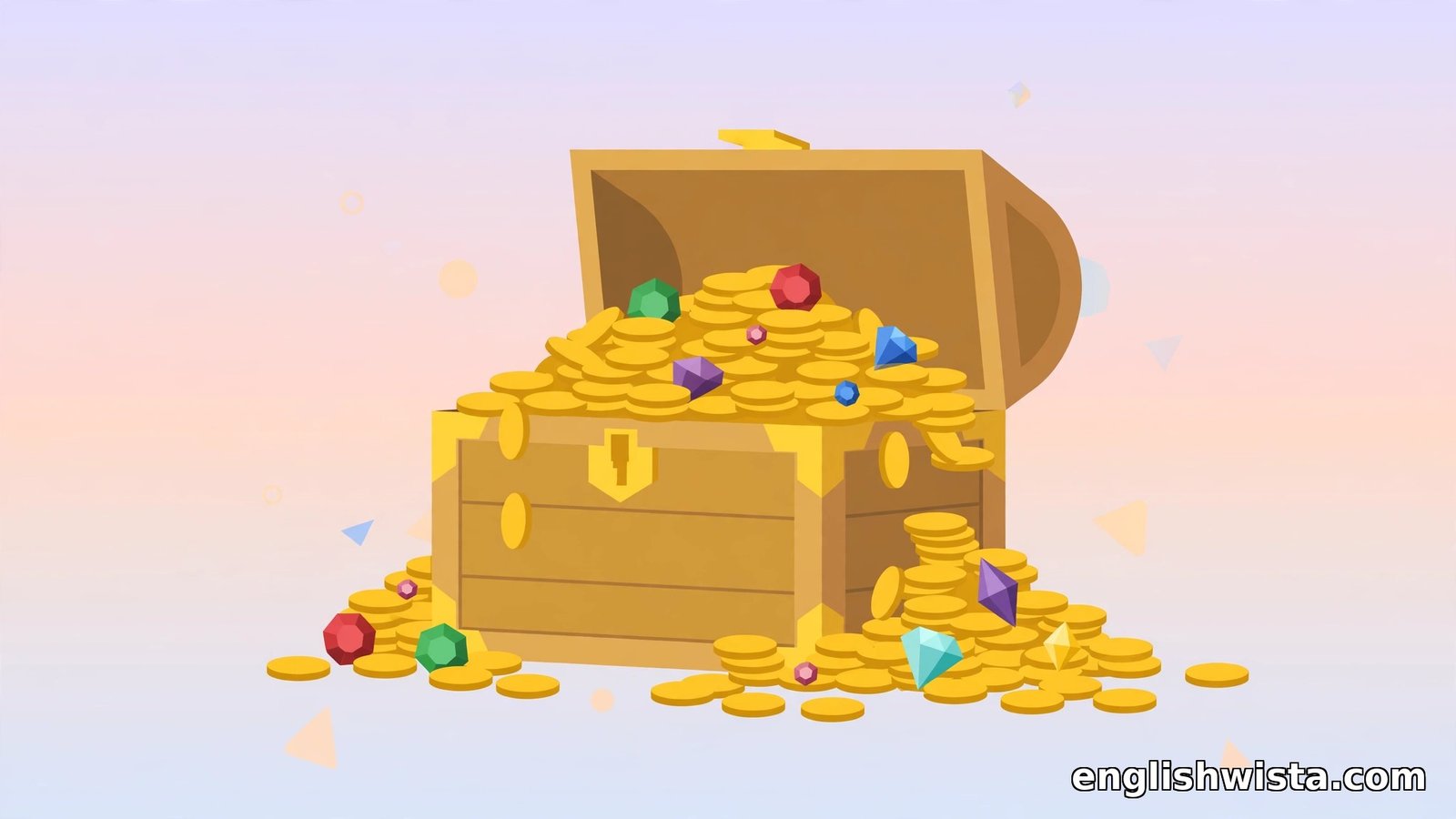 Flat vector treasure chest overflowing with gold coins and jewels