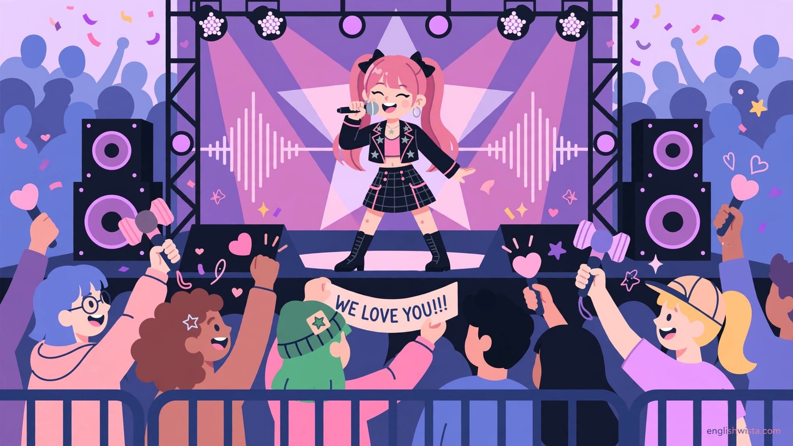 Pop star idol performing on stage before cheering fans