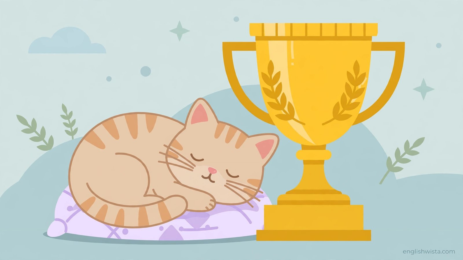 Sleeping cat beside a golden trophy statue