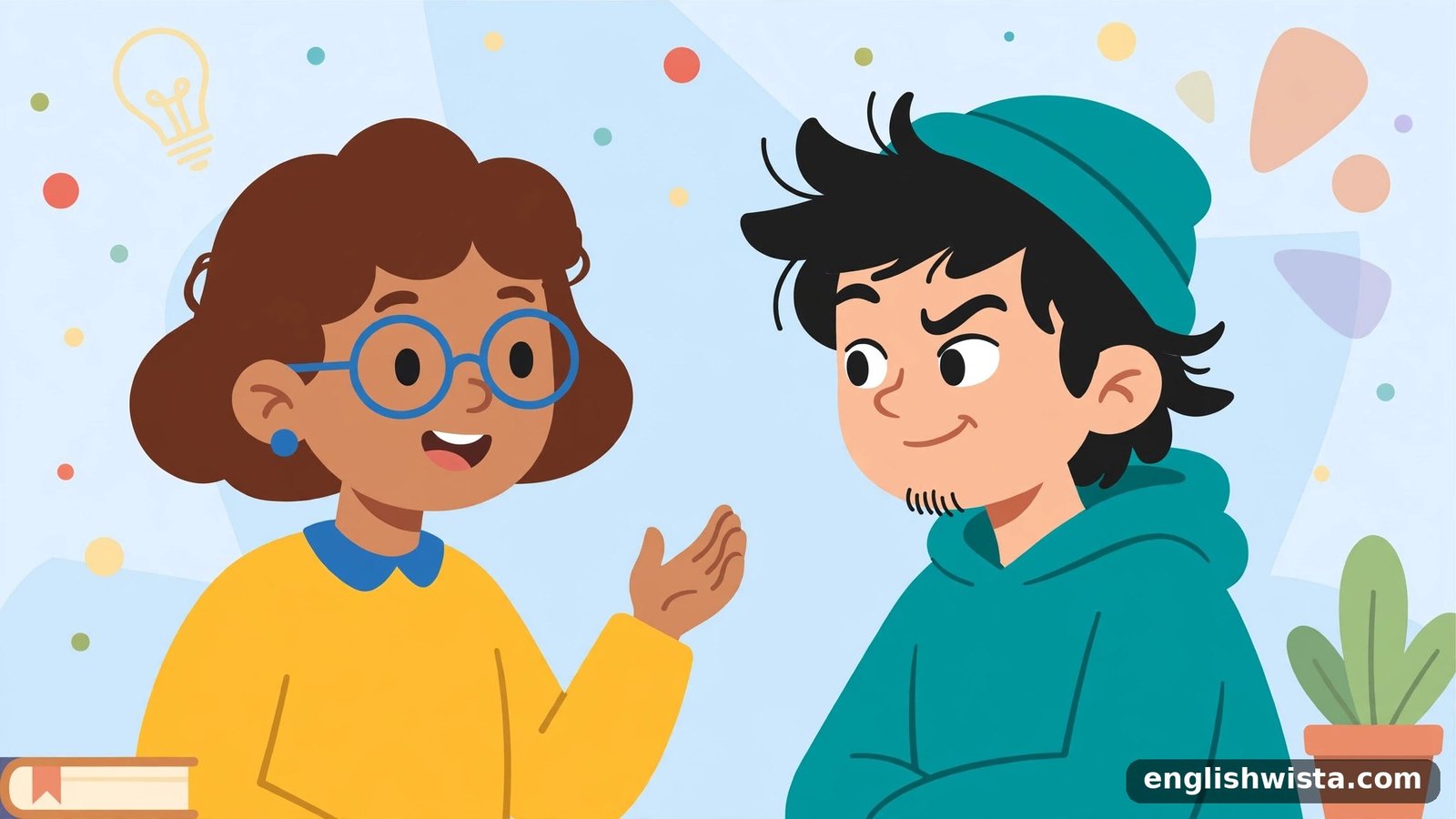 Two people in conversation, one raising an eyebrow