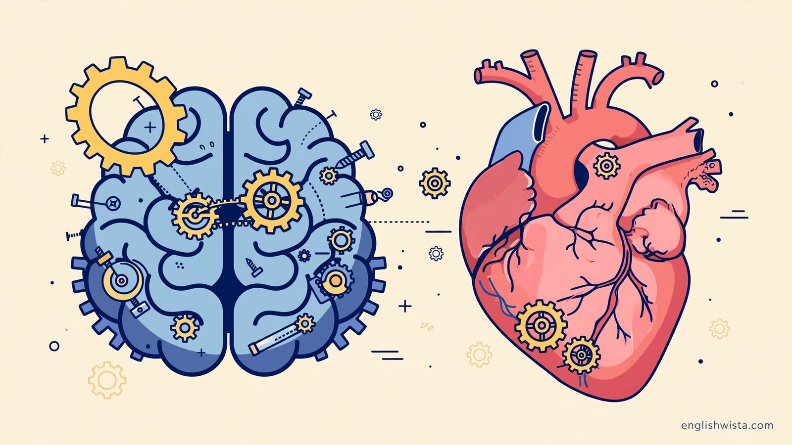 Brain with gears beside an open heart