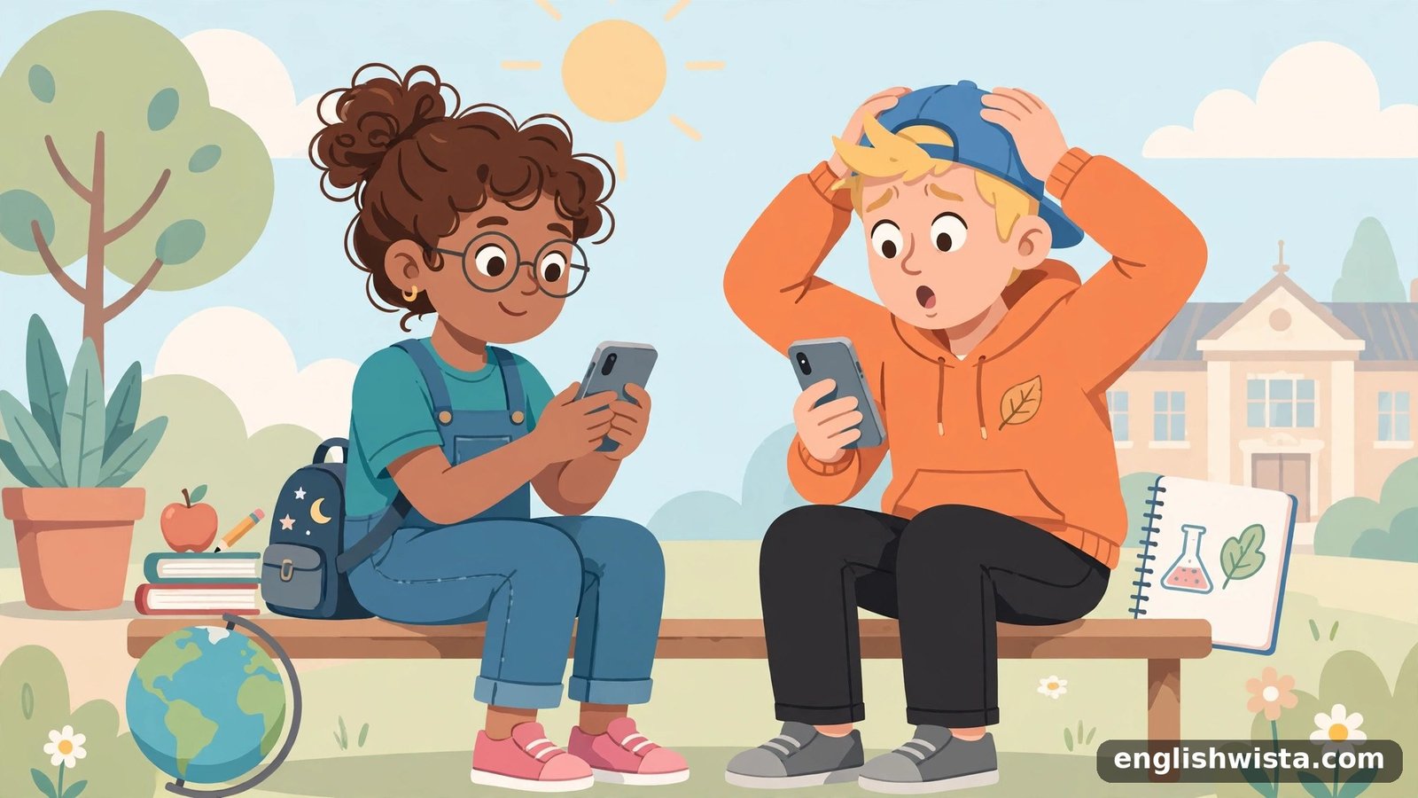 Two cartoon friends texting, one in disbelief