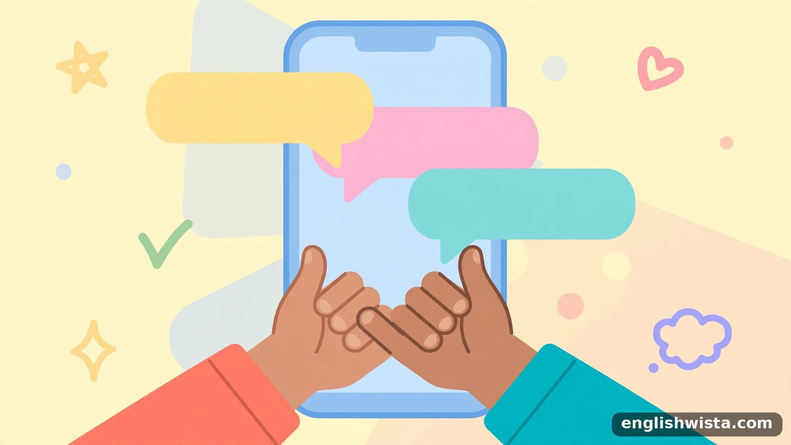 Smartphone with chat bubbles and a pinky-promise gesture