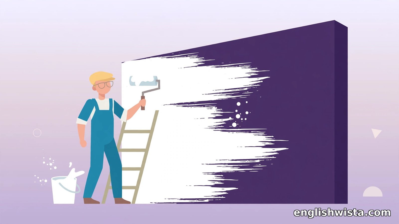 Flat vector painter lightening a dark purple wall with bright white paint