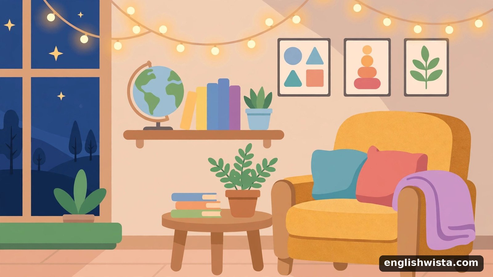 Cozy dim room with fairy lights