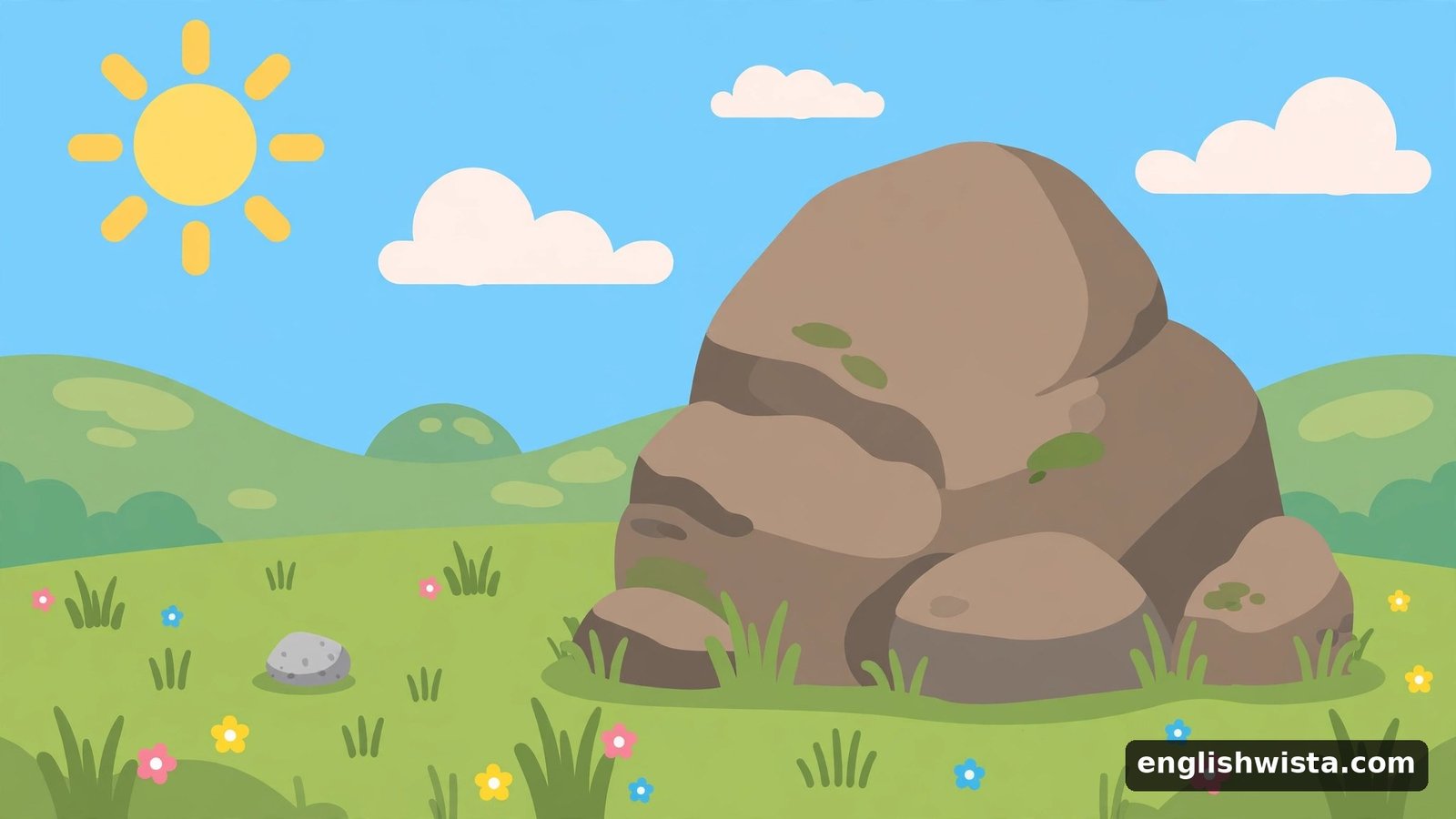 Small pebble next to a large boulder showing minor means small