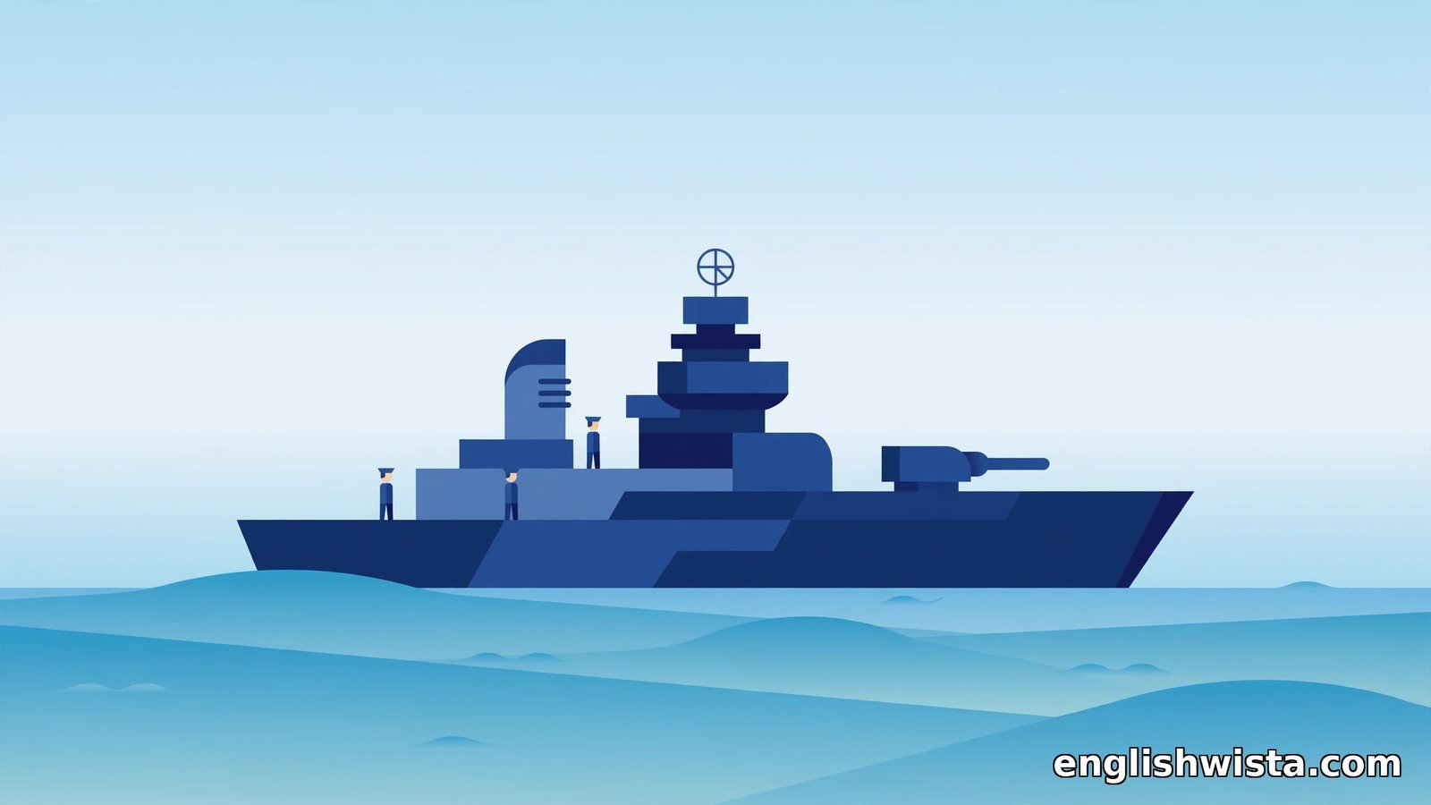 Flat vector navy battleship with sailors on deck at sea