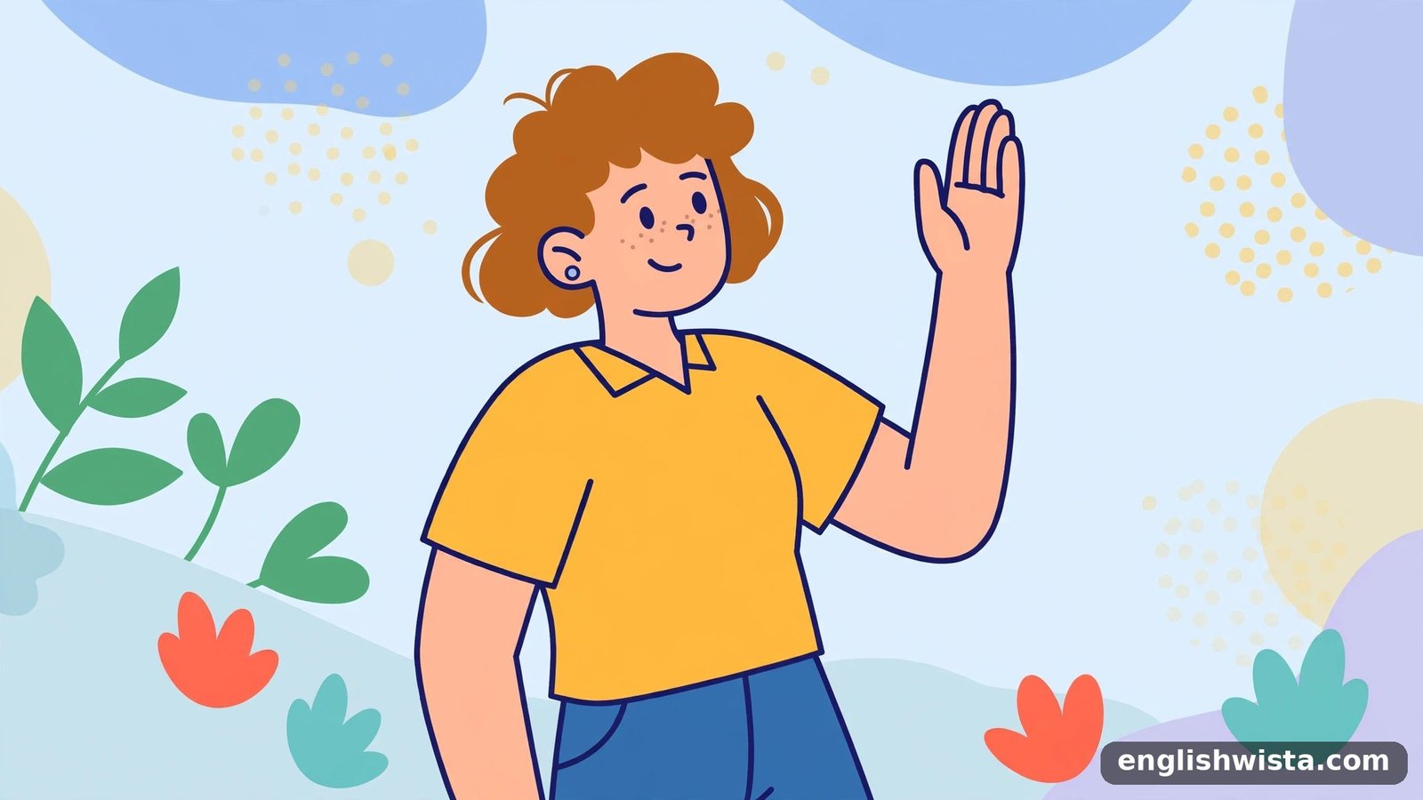 Person waving hand dismissively with a friendly smile