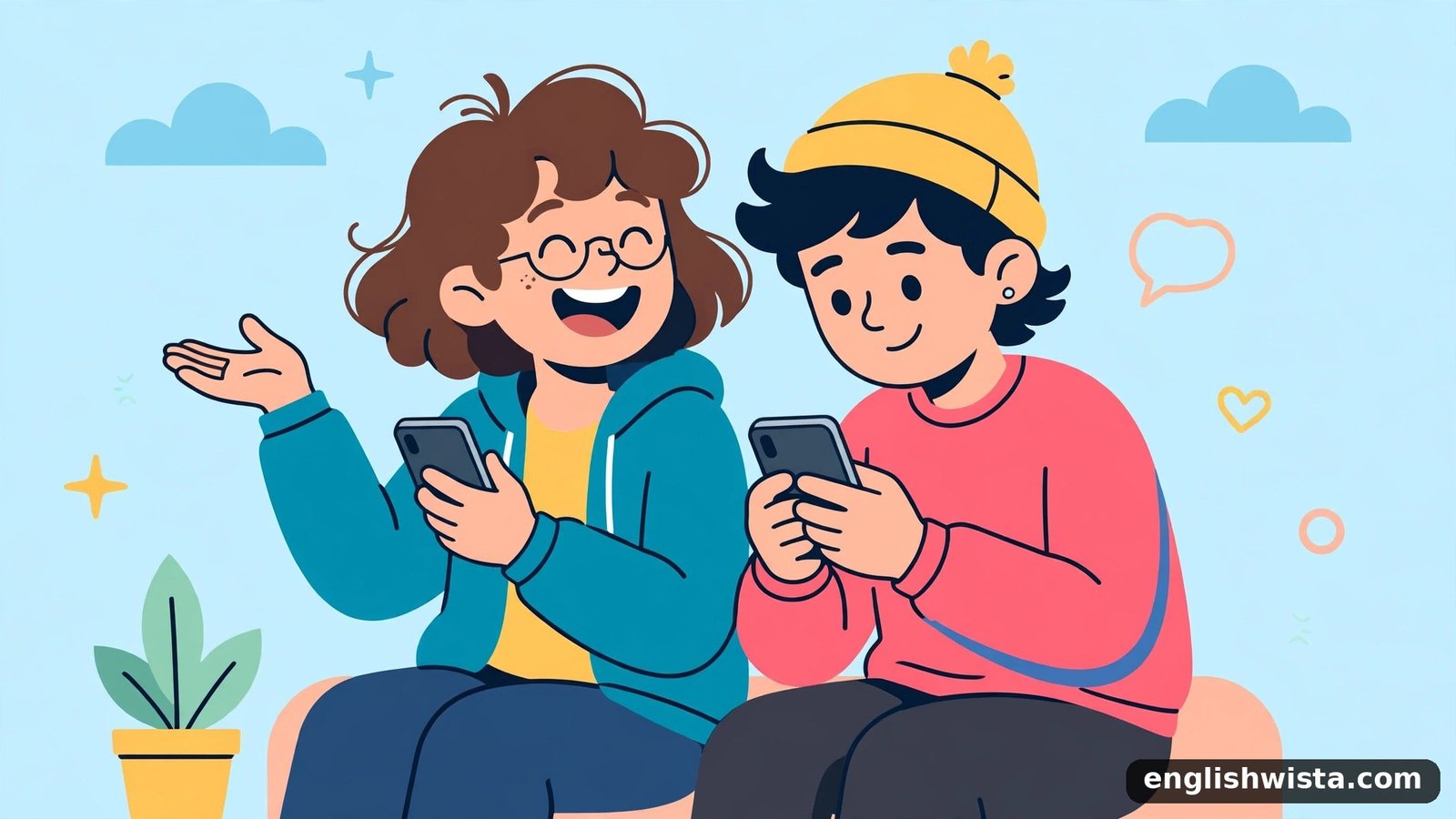 Two friends texting, one laughing it off