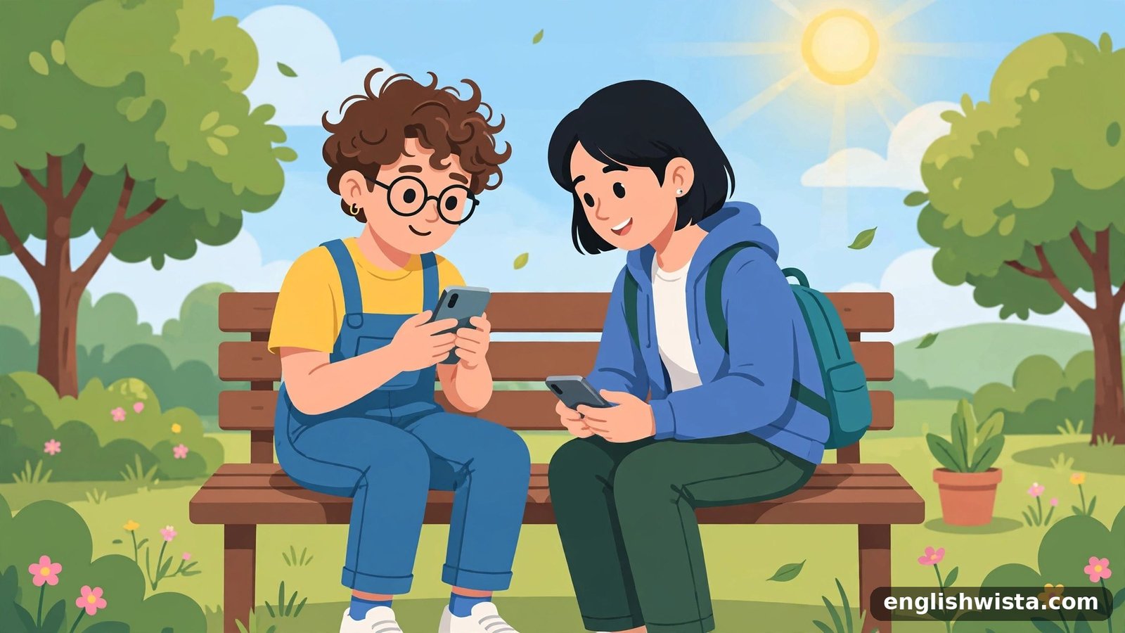 Two cartoon friends texting on a park bench