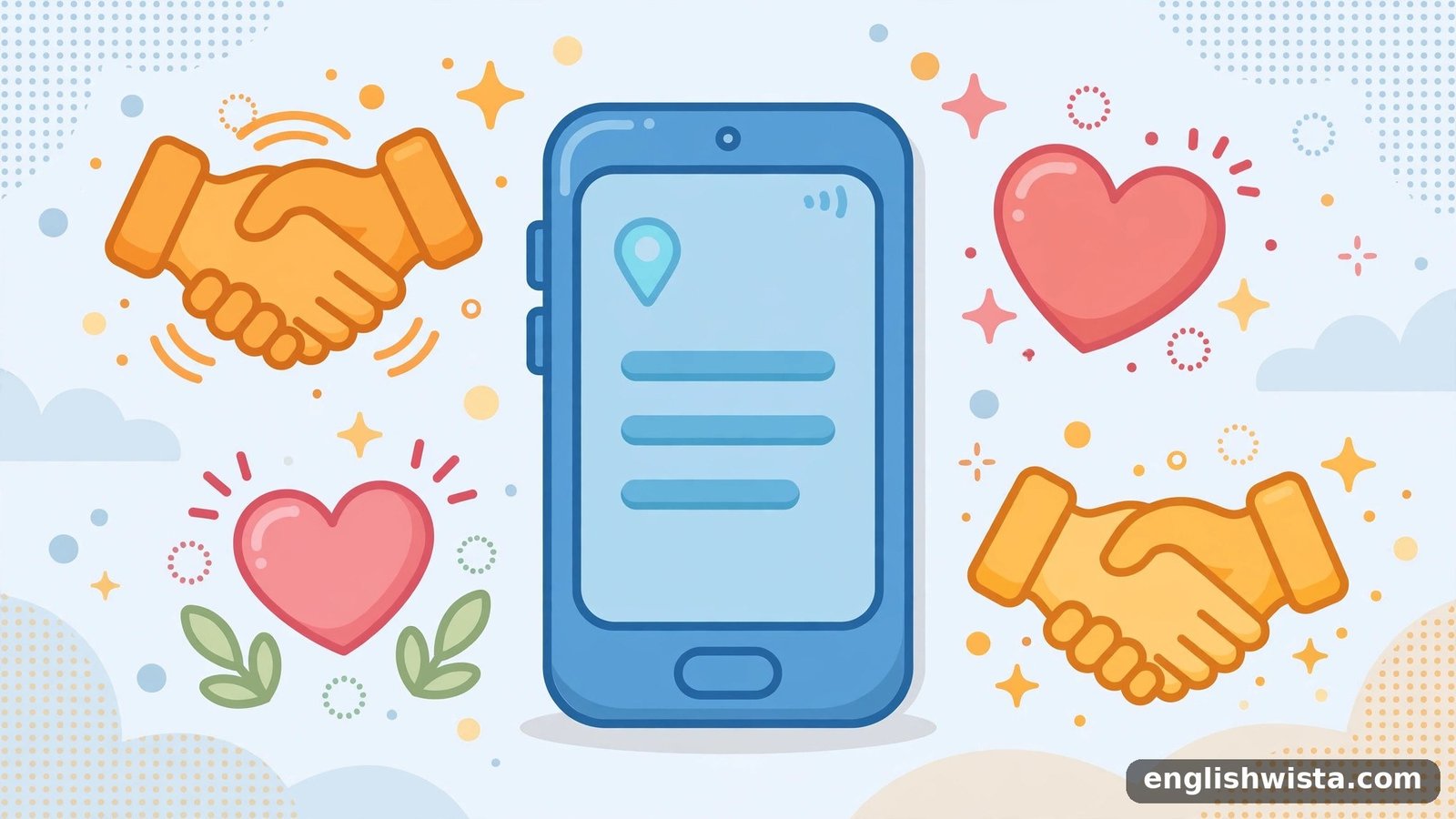 Smartphone surrounded by handshake and heart trust symbols