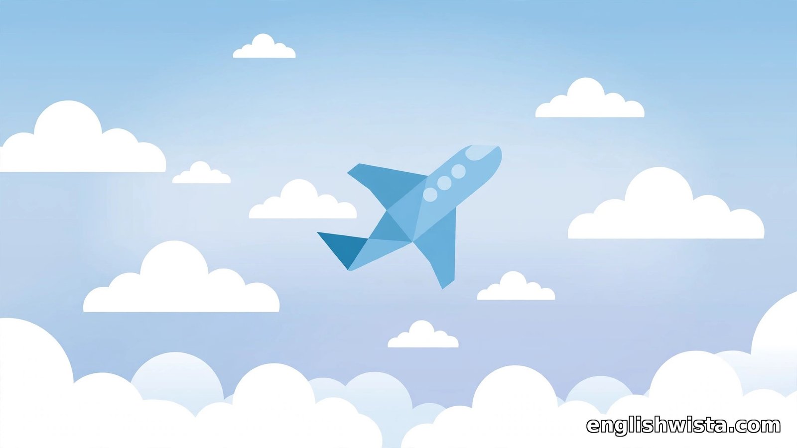 Flat vector airplane flying high among white clouds in a blue sky