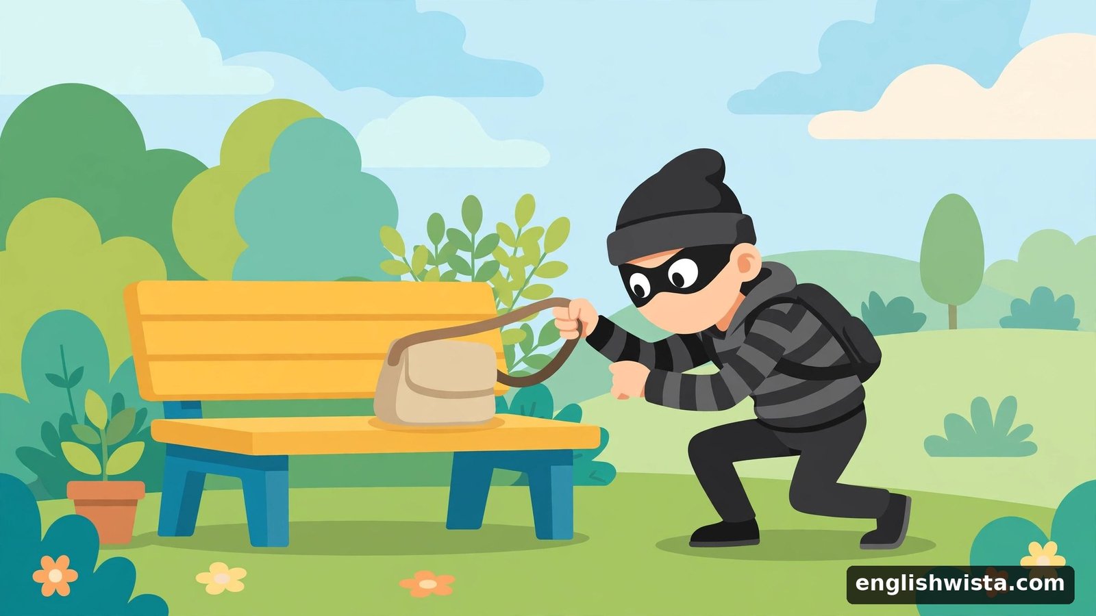 Sneaky thief taking an unattended bag for steal